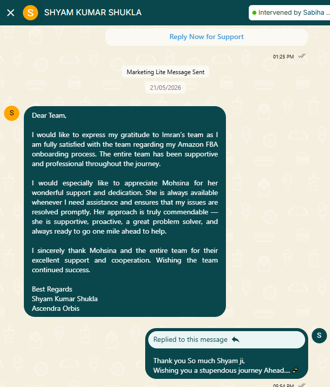 WhatsApp seller feedback from Shyam Kumar Shukla about Amazon FBA onboarding